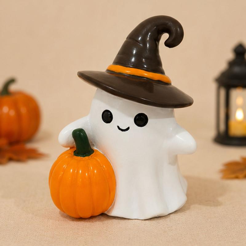 Resin Halloween Ghost With Pumpkin Ornament Mini Desktop Decor For Desk Window Sill Holiday Photo Prop Gift