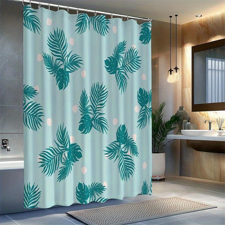 1pc Blue-green shower curtain with palm leaf and monstera leaf pattern, made of polyester fabric, suitable for bathroom décor.