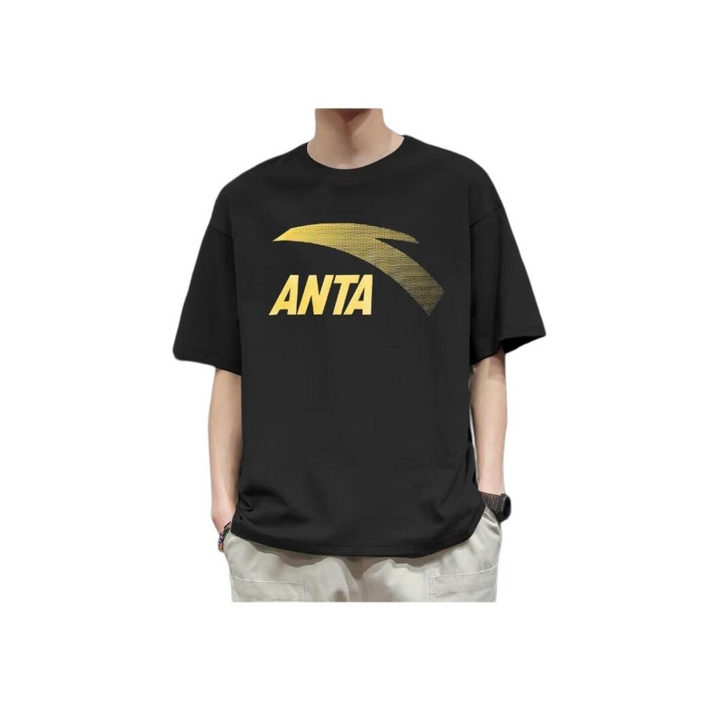 Anta Letter Logo Print Round Neck Short Sleeve T-Shirt Men Tops Black 95027131-2
