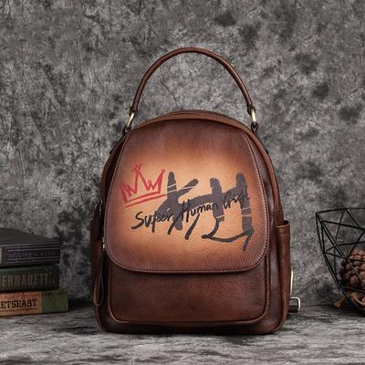 Borsa da donna in vera pelle dipinta a mano, zaino in morbida pelle di mucca naturale, grande capacità, da donna, da viaggio all'aperto