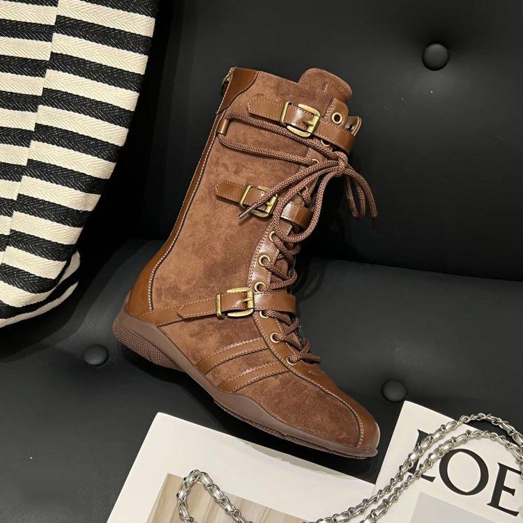 Cowhide version~ 5cm inner height increase thick-soled boxing boots women's upgraded version duck hunting boots belt buckle design Martin boots sho