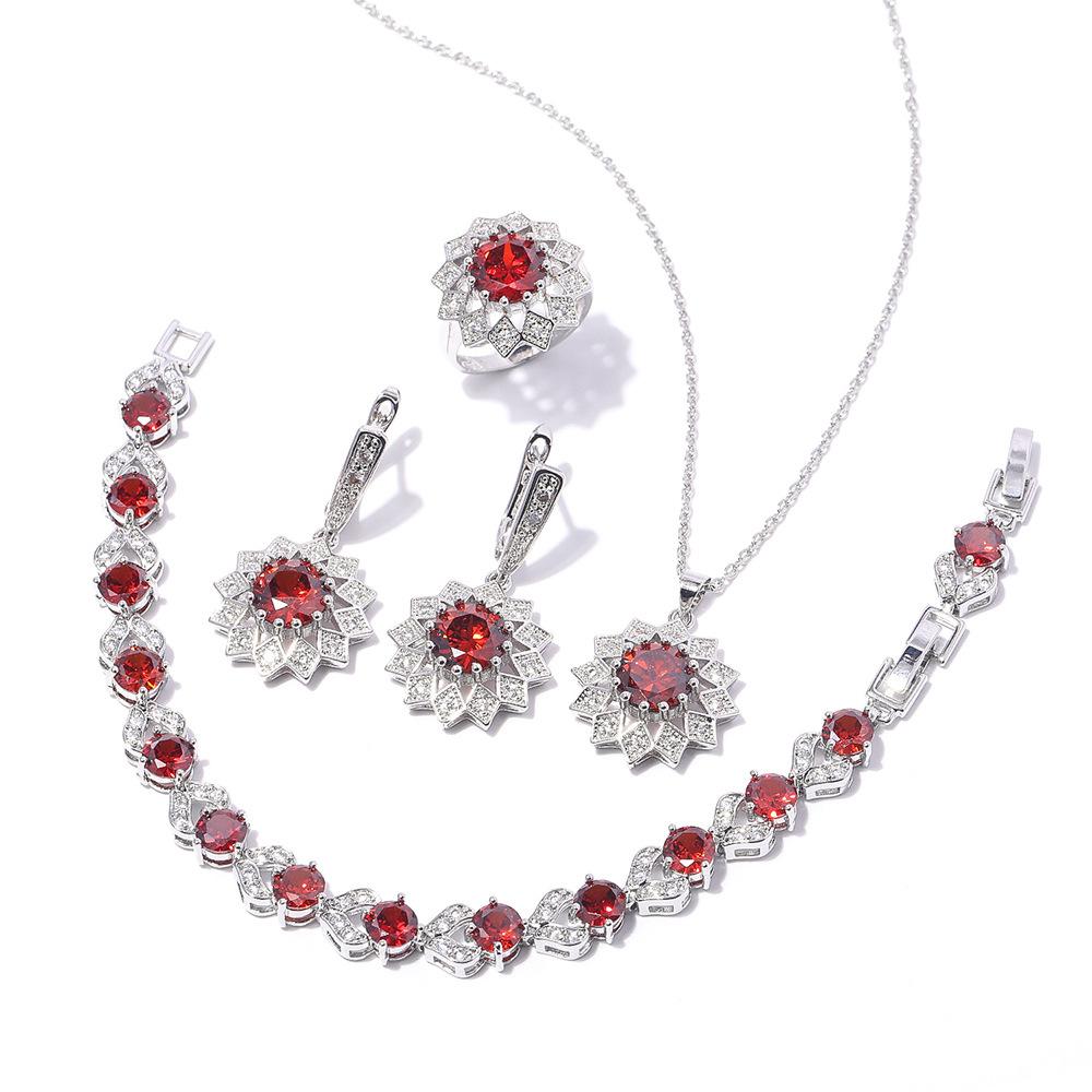 Round Zircon Necklace Earrings Ring Bracelet Set, Copper Set Zircon Platinum Plated Jewelry, Multicolor