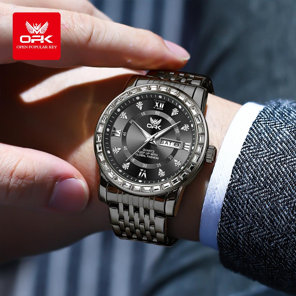 OPK Dual Calendar Luxury Quartz Watch For Men Diamond Roman Scale Business Hand Clock Waterproof Fashion Original Man Watch
