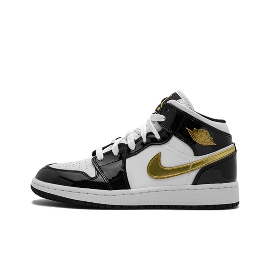 New Jordan 1 Mid Patent Black White Gold GS BQ6931-007
