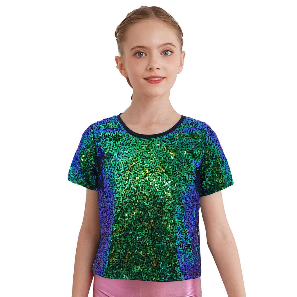 Girls Shiny Sequins Round Neck Short Sleeve T Shirt Cheerleading Dance Performance Stage Party Top
