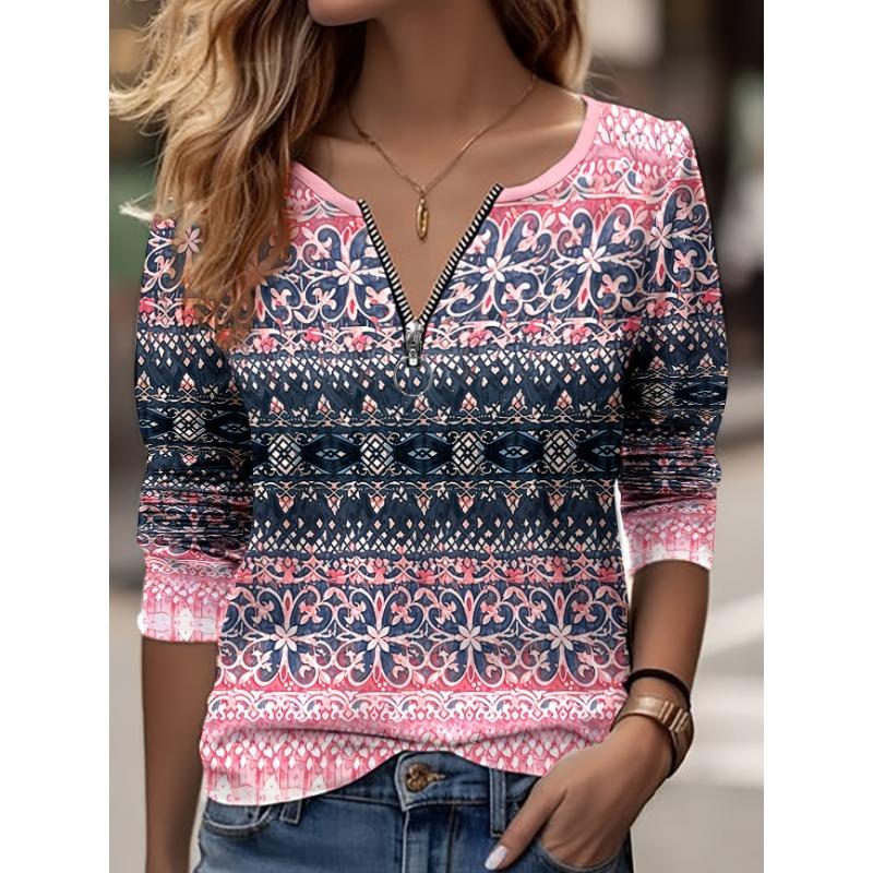 Women's spring and autumn fashionable long-sleeved zipper T-shirt - 3D full body digital printing design party wear