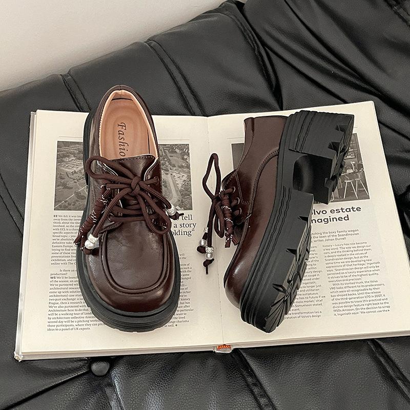 Fashion retro thick heel bag head single shoes British style lace-up small leather shoes women's autumn Japanese round head platform loafers