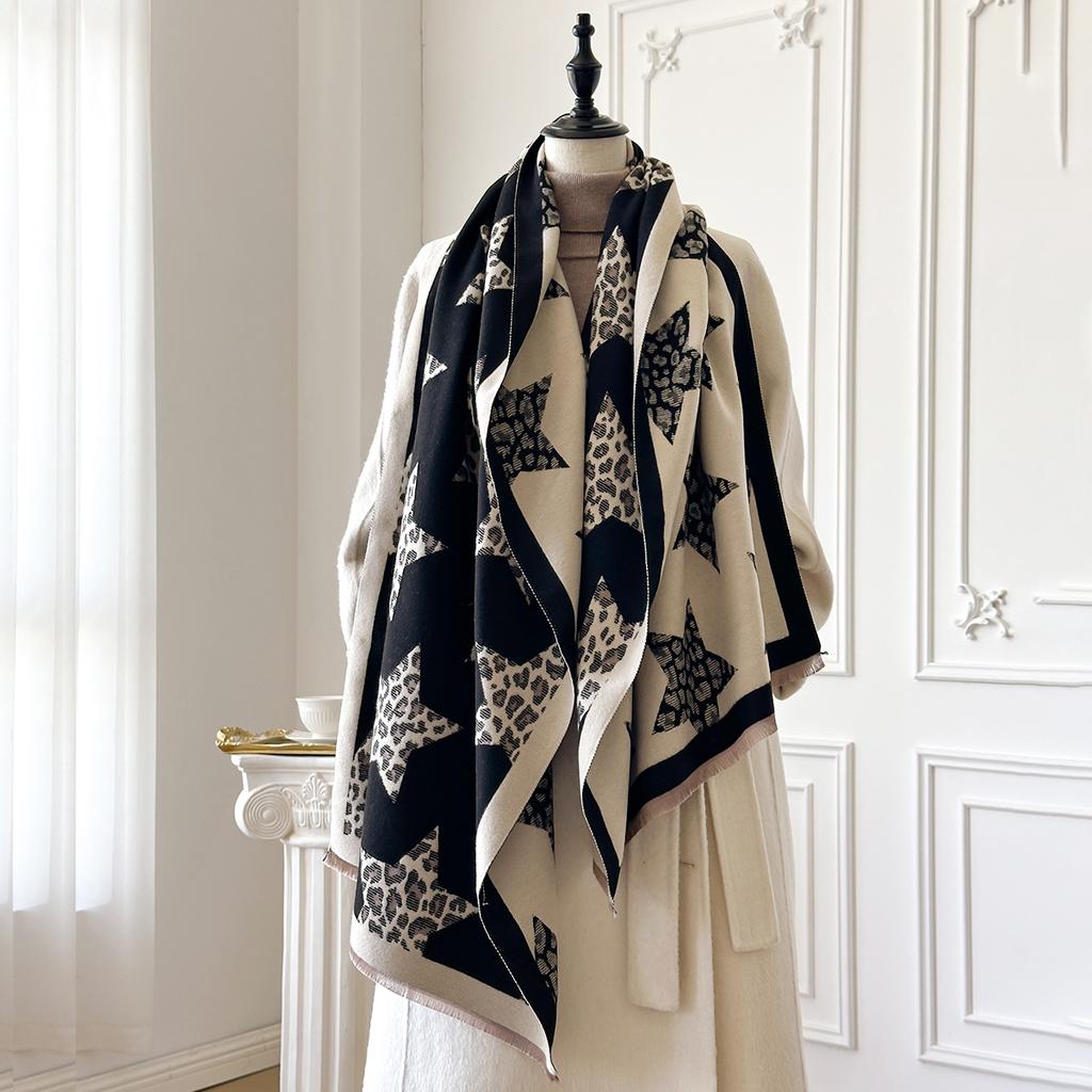 Ladies' Luxury Thickened Winter Scarf - Two-Sided Leopard Print & Star Design Faux Cashmere Jacquard Wool Pashmina Wrap