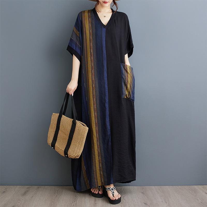 Robe d'été imprimée à col en V et manches courtes en patchwork