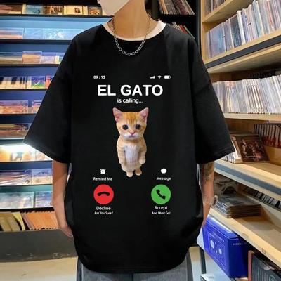 El Gato Is Calling Meme Sad Crying Cat Munchkin Kitty Meme Print T-shirt Hot Sale Fashion Oversized T-shirts Unisex Streetwear