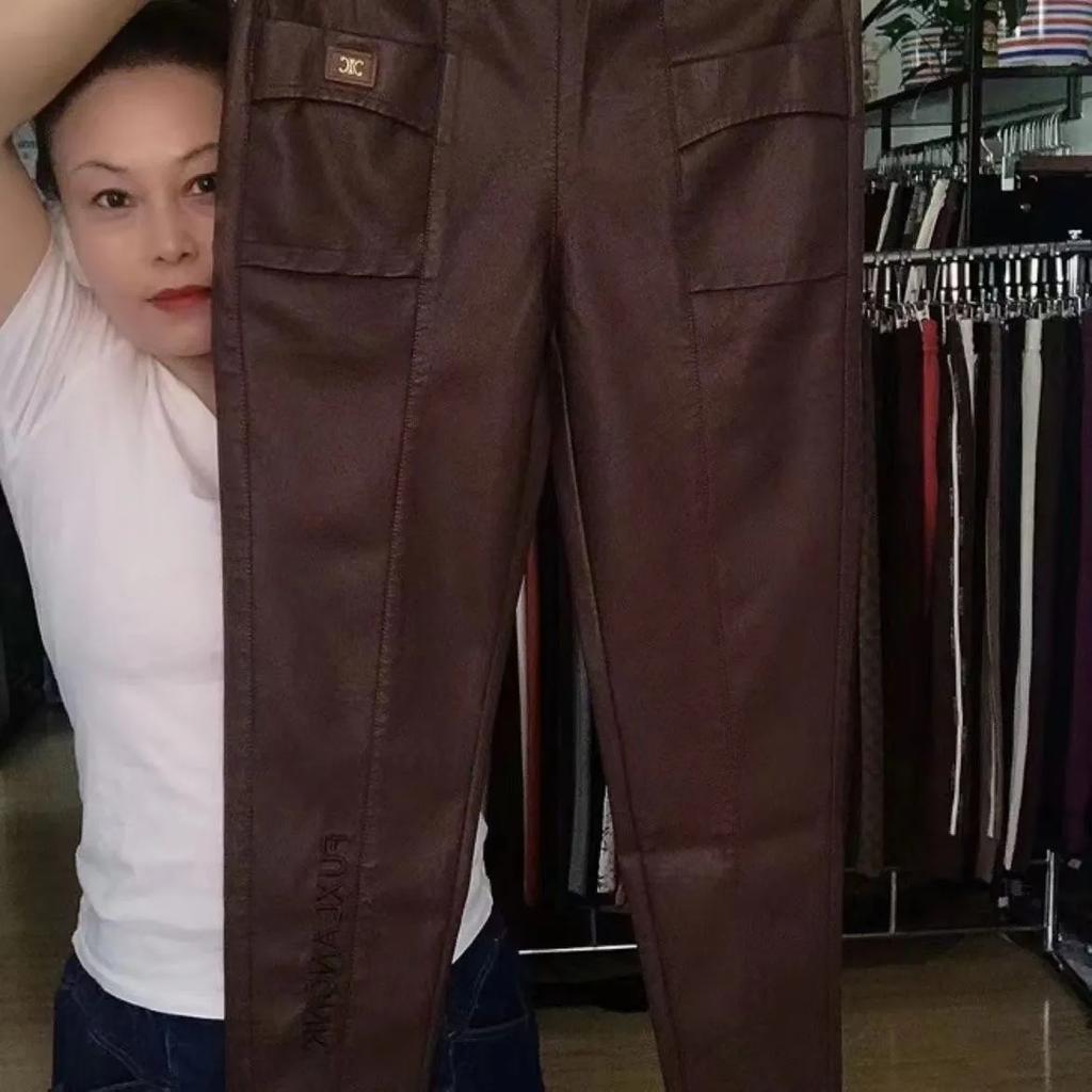 Men's Plus Size Straight-Leg Waterproof PU Pants Mid-Aged & Elderly High-Waisted Loose-Fit Fleece-Lined Thickened Long Pants