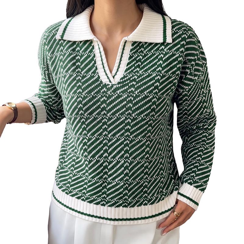 TEMU 2026 Autumn/Winter Gentle Commuting Knitwear: Diagonal Stripe Lapel Half-Button Loose Sweater