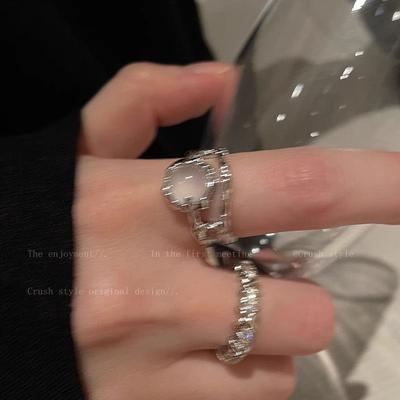Two-piece Moonstone Ring, Women's Rhinestone Open Ring, Niche Design, Plain Ring, Index Finger Ring, French Self-discipline Ring.