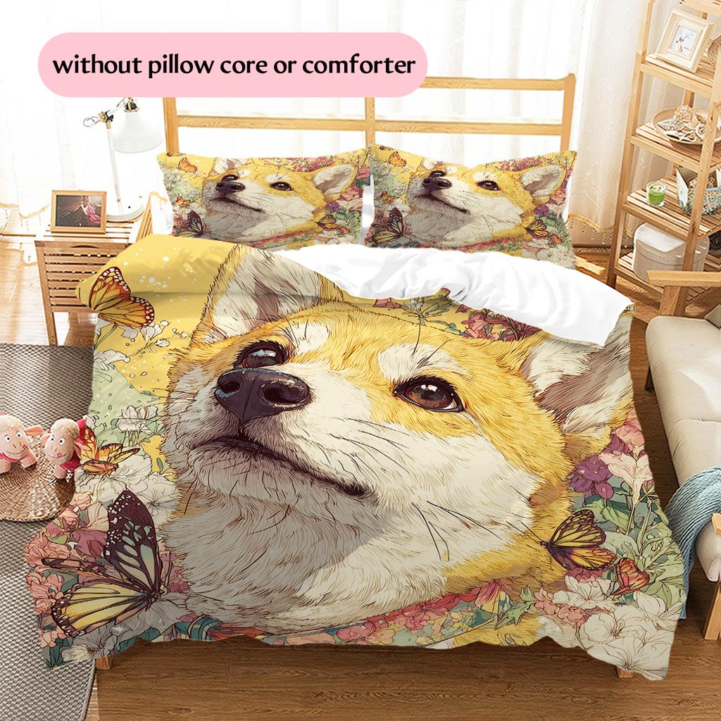 Shiba Inu and Fresh Flowers Pattern Bedding Home Decoration Birthday Gift (1 * duvet cover + 2 * pillowcase, without core)