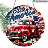 2D Flat, 1pc of Round Aluminum Sign with a Patriotic Theme Featuring a Floral Bouquet And a Red Truck, Perfect for Rustic Wall Art. Suitable for