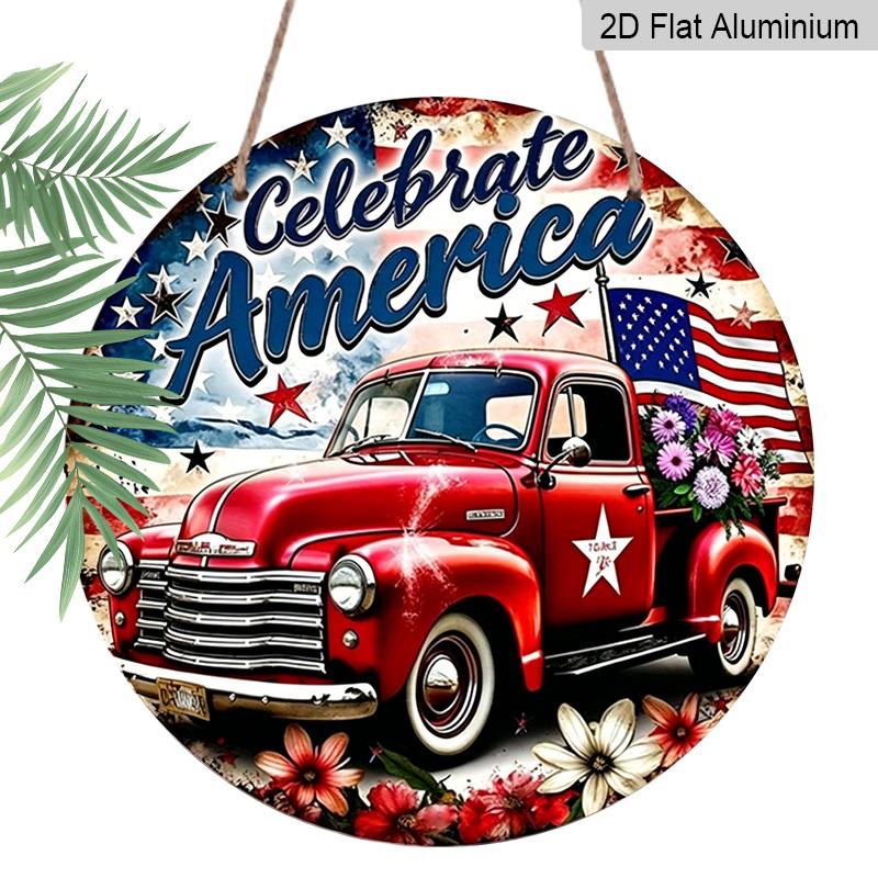 

2D Flat, 1pc of Round Aluminum Sign with a Patriotic Theme Featuring a Floral Bouquet And a Red Truck, Perfect for Rustic Wall Art. Suitable for 7.87x7.87inch