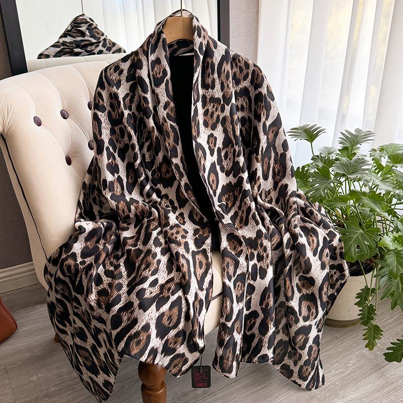 Summer Silk Scarf Women'S Outer Cover Decorative Leopard Print Beach Towel Imitation Silk Printing Long Scarf Lijing Forging Thin Shawl