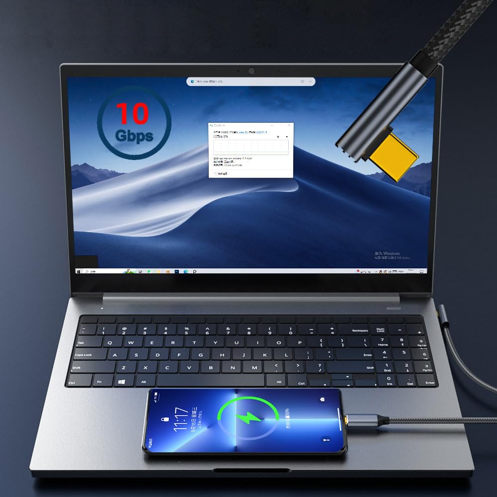 CABLECC 10Gbps 100W Data Reversible Male to Male USB Cable 90 Degree Angle Low Profile 200cm for Laptop Phone Type-C USB-C 3.1