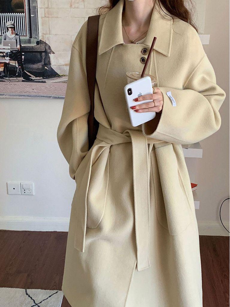 Women's Double-Sided Cashmere Wool Coat - Sweet, Commuting, Versatile, Loose, Single-Breasted Design.