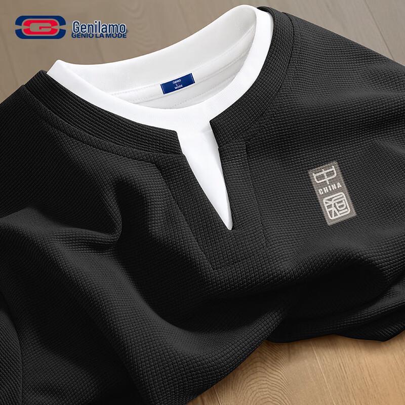 GENIOLAMODE Men s Guochao Waffle Knit Long Sleeve T-Shirt M