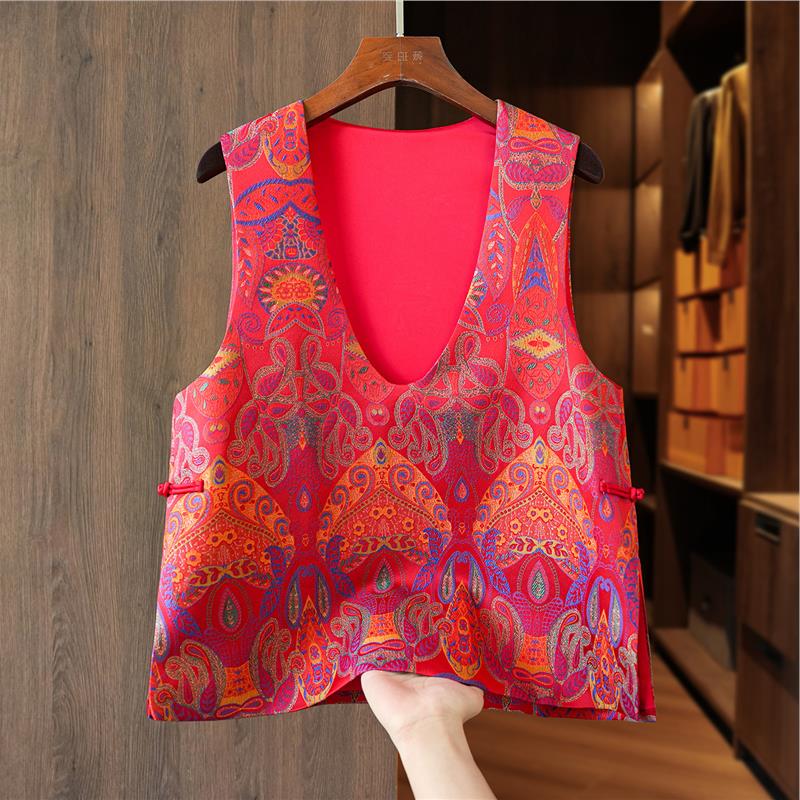 Women s Red Silk Jacquard Vest with Deep V-Neck and Frog Button - Chinese Style Outerwear Medium