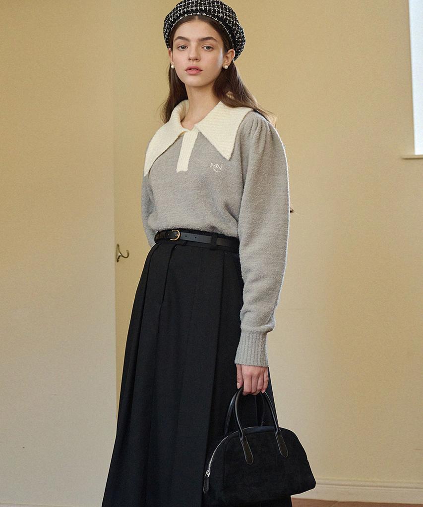 Micene Urbane Pleated Long Skirt - Belt Set Black