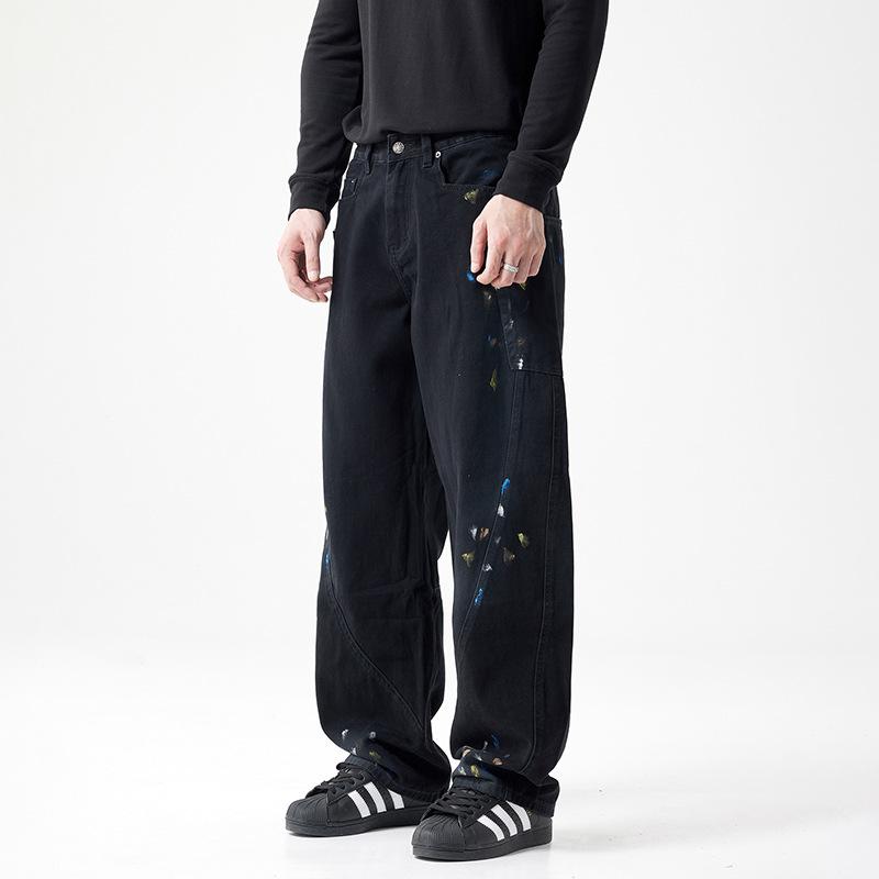 American street ink splashing denim hip hop wide-leg hand-painted jeans men's loose straight casual scimitar pants