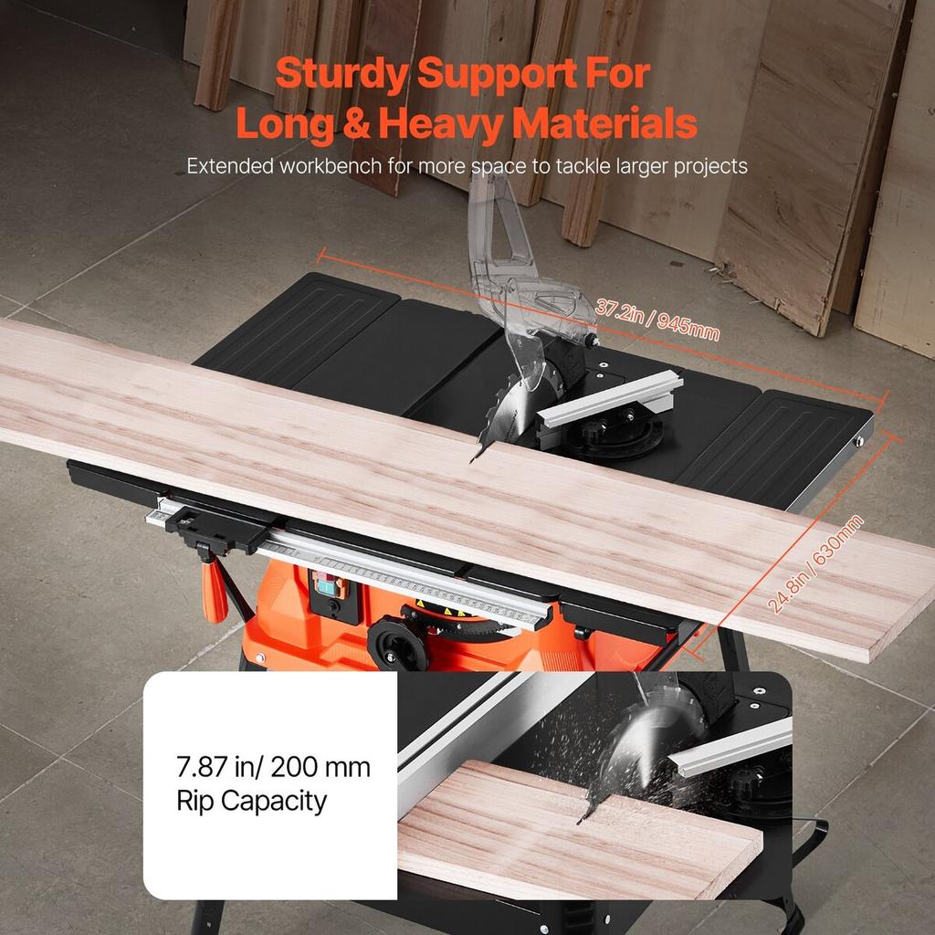 Table Saw with Stand, 1800 W Portable Compact Tablesaw, 254 MM Saw Blade O.D, 200 MM Max. Cutting Capacity, 4800 RPM Cutting Speed, With 24-tooth Saw
