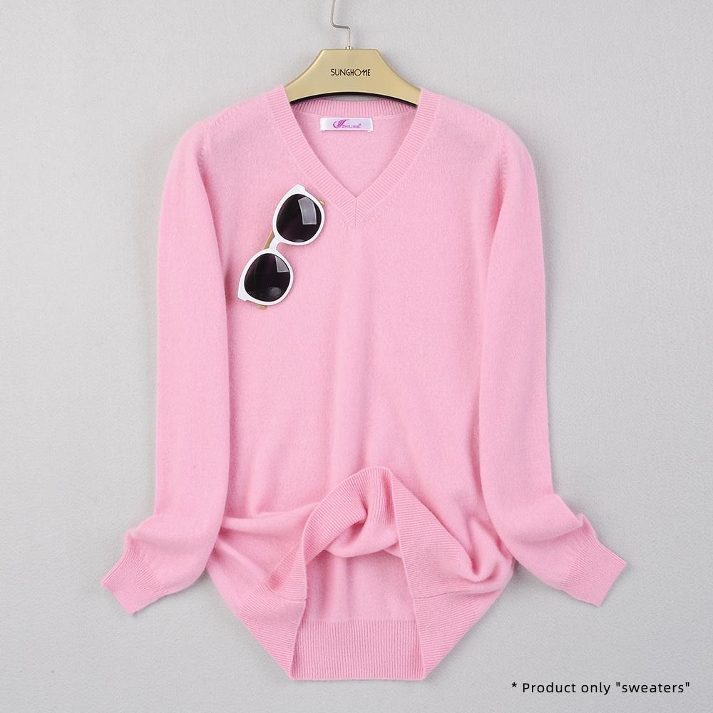 Women's V-neck Cashmere Sweater Warm Long Sleeved Sweater Solid Color