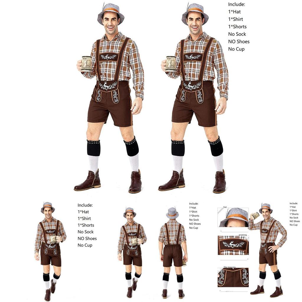 Stylish German Oktoberfest Clothing Men Fawn Print Khaki Plaid Costume Set
