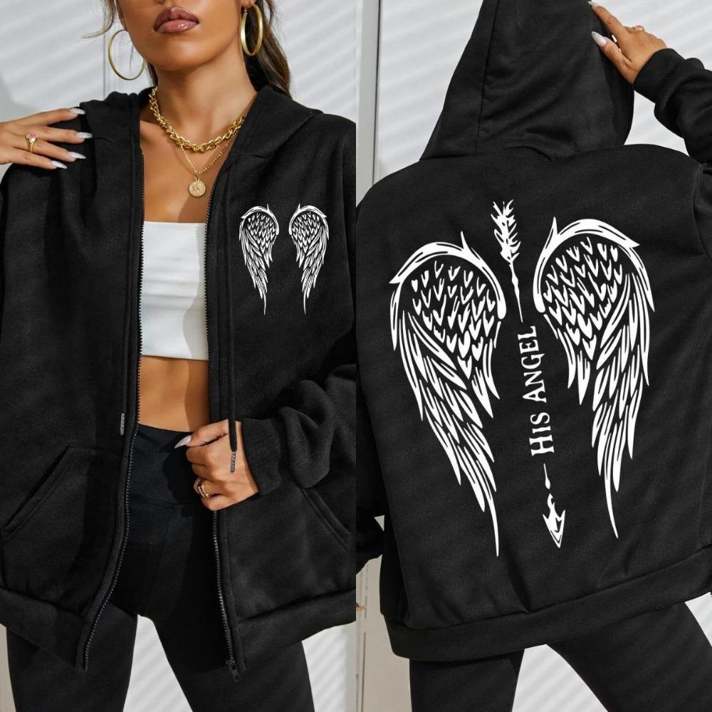 His Angel Creative Wings Art Letter Printing Zipper Hoodies Woman Hoodie Casual Soft Hoody Fleece Comfortable Streetwear