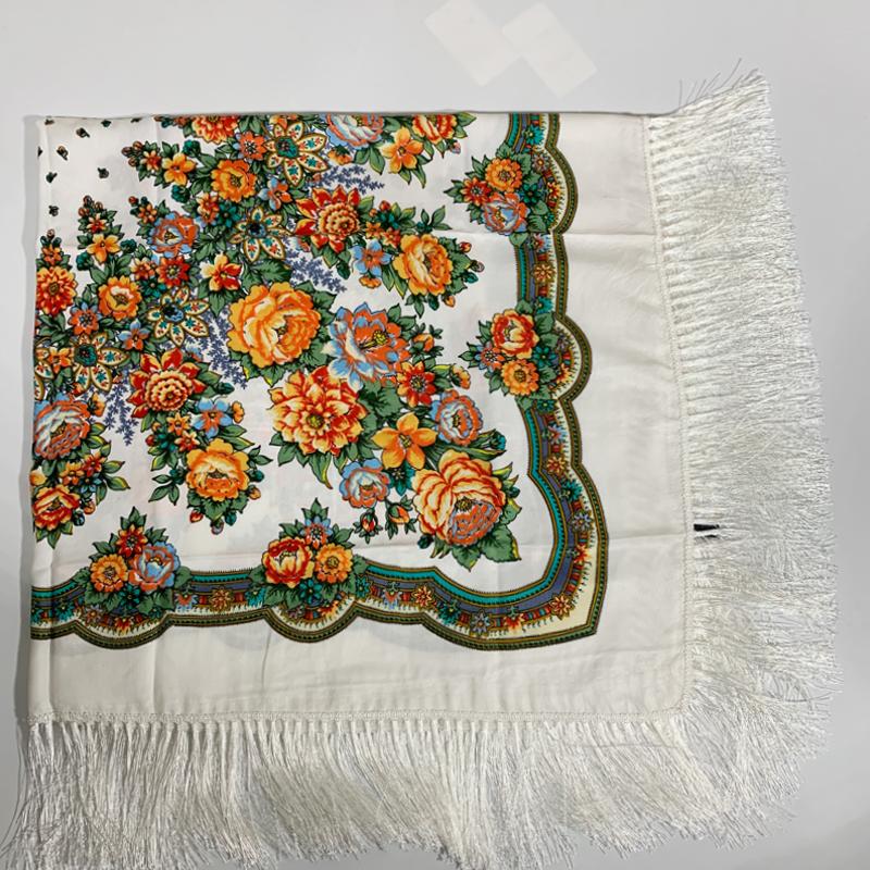 135*135Cm Russian Square Scarf Women Luxury Floral Print Bandana Handkerchief Ukrainian Fringed Shawl Babushka Hijab Head Wraps