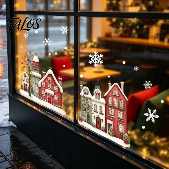 Decorative PVC Stickers Christmas Static Window Clings, Snowy Town House Snowflake Glass Decals, Reusable Winter Wonderland Film Xmas Stickers,