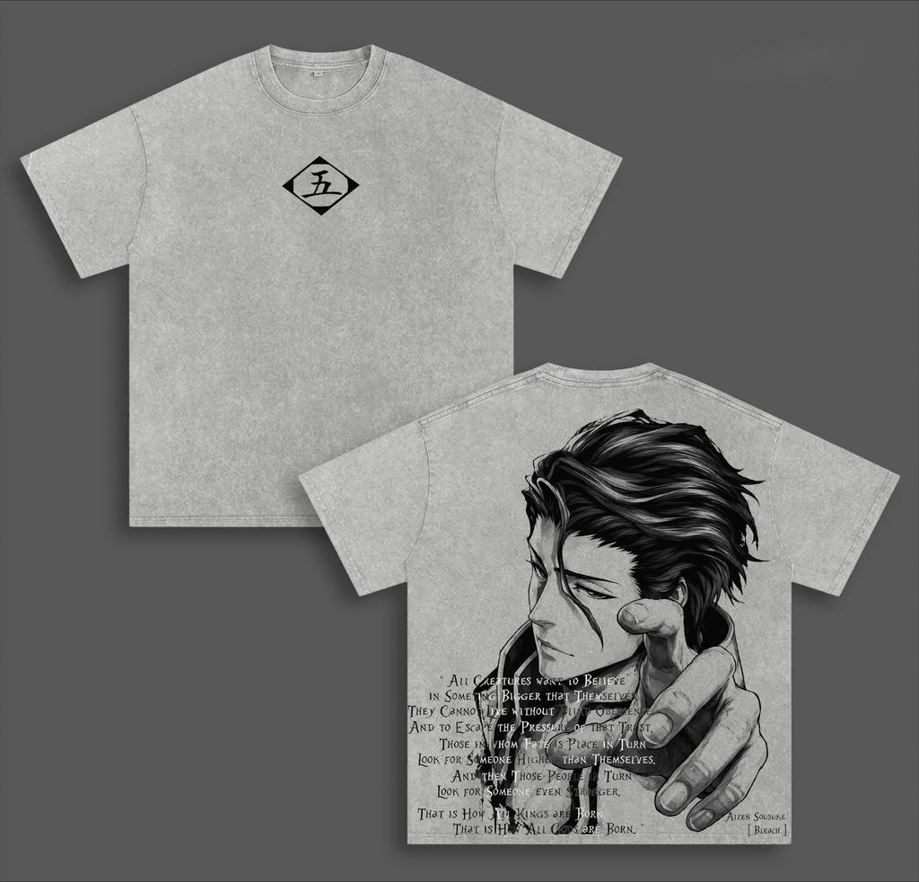Anime BLEACH Aizen Sousuke T-shirt For Men's Clothing Manga Vintage Washed T Shirt Casual Loose High Quality Polyester Tees Clothes