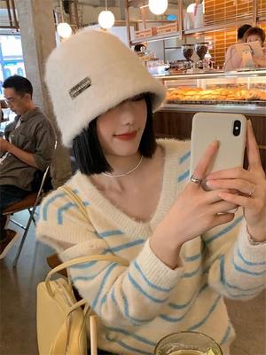 Wind Rabbit Fur Knitted Bucket Hat Women's Autumn and Winter Fashion Letter Iron Standard Warm Fisherman Hat