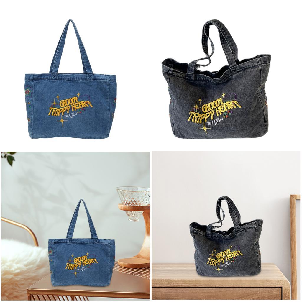 Women Denim Tote Bag Trendy Casual Versatile Portable Large Capacity Handbag for