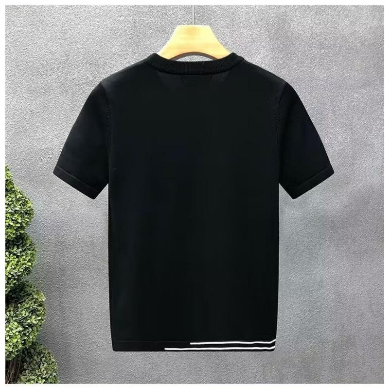 T-shirt Tricot Blanc Manches Courtes Homme avec Ligne Latérale Marron Détail Top Décontracté Coupe Ajustée