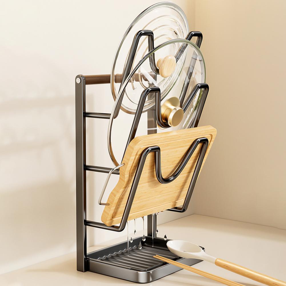 Kitchen Pot Lid Storage Rack Carbon Steel Pot Lid Holder While Cooking Pot Lid Stand with Spoon Rest Removable Drip Tray