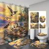 4Pcs Wild Duck Printed Shower Curtain Set with Non-Slip Bath Mat, Toilet Lid Cover, Contour Rug & 12 Hooks, Bathroom Decor