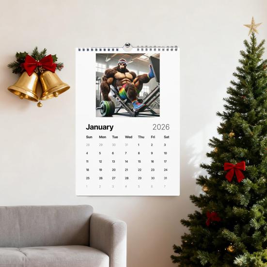 Nástěnný kalendář 2026 Vtipný fitness kalendář Sasquatch 12měsíční kalendář Humorný dárkový předmět s tématikou posilovny pro muže, fanoušky kryptidů, milovníky fitness