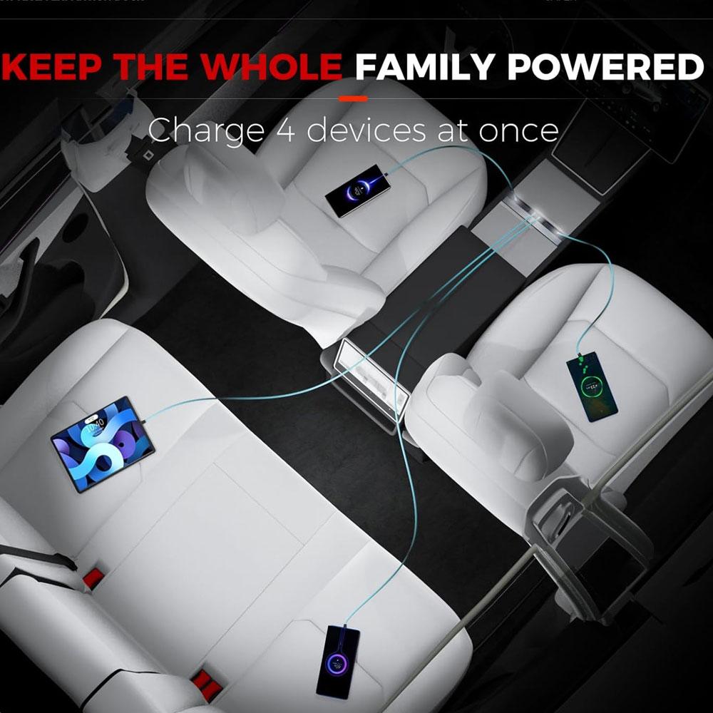 65W USB Hub for Tesla Model Y Juniper 2026 Fast Charger Model 3 Highland Charger Hub 4-Ports Retractable Phone Charger USB Hub