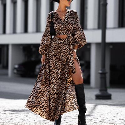 Fashion Floral Print Lantern Sleeve Ladies Long Dress Casual V-neck High-waist Suit Dress Women Vintage Leopard Loose Robe 26347