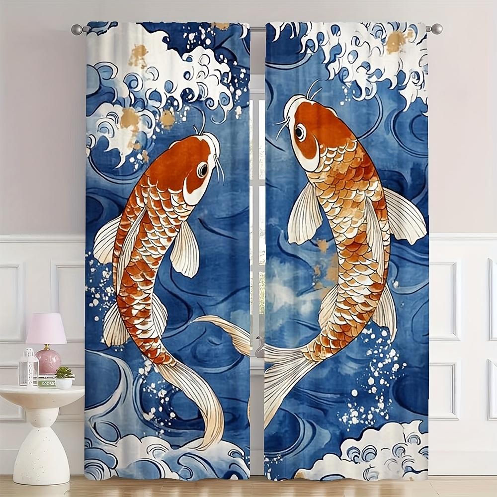 

Sheer Japanese Ukiyo Red Carp Wave Print Curtains Semi Polyester Hanging Curtain Set Of 2 Contemporary Made With Rod Pocket Washable W100*H70(CM)-Grommet top&2PCS