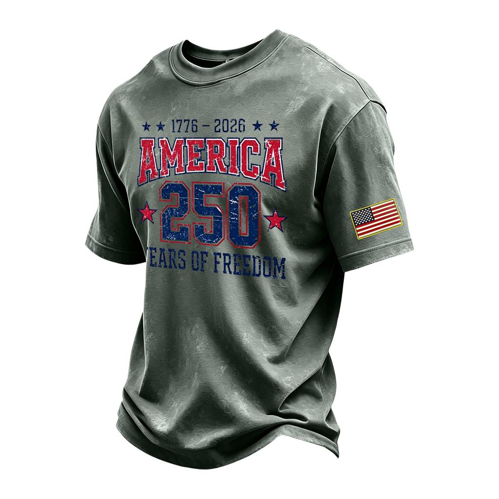 Men's Vintage Washed Crew Neck Short Sleeve T Shirt America 250 Years of Freedom Independence Day Graphic Tee Casual Fit