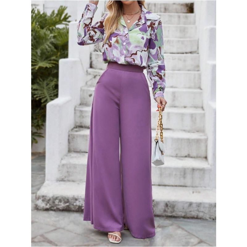 women's Collared Abstract Print Long Sleeve Shirt High Waist Wide Leg Pant Casual Two Piece Outfit Set