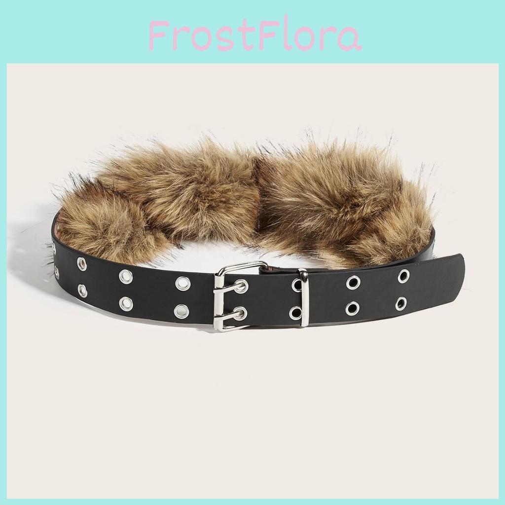 Color Fashion Solid Faux Fur Decoration Women Belt With Double Buckle Breasted