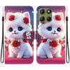 Handmade PU Leather Flip Case for Motorola Moto G15 Anti-Slip Shockproof Cover with Wrist Strap & Heart/Rose Cat Designs