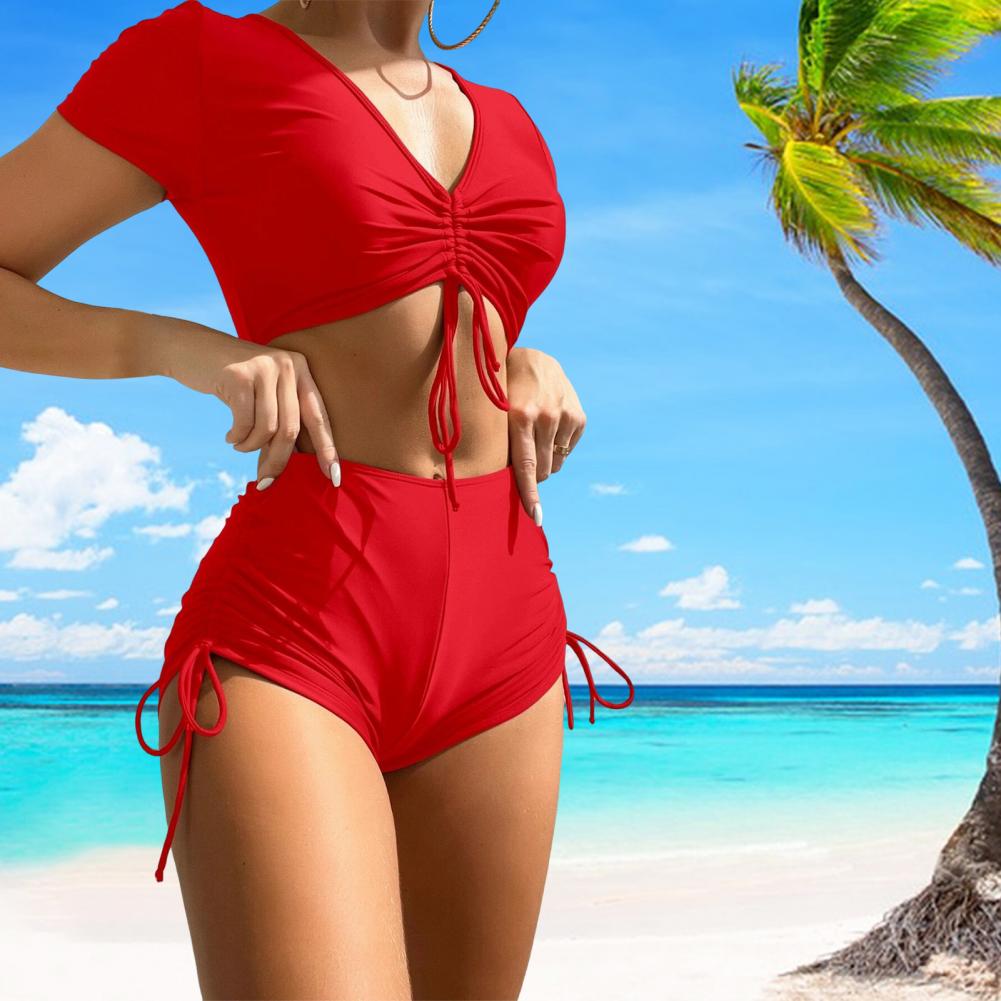 Solid Color Swimsuit Stylish Women's Summer Bikini Set with V-neck Top High Waist Drawstring Swimsuit 2 Piece Set for Beach