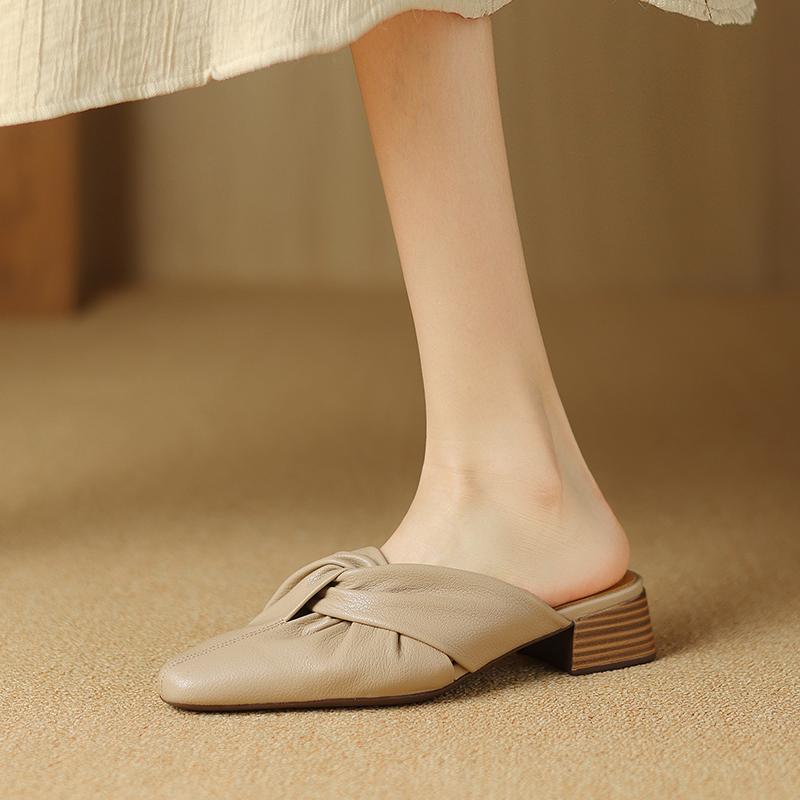 Women Mule Slippers Concise Style Simple High Heels Shoes Cow Leather Square Toe Mules 2024 New Spring Women Outdoor Slippers