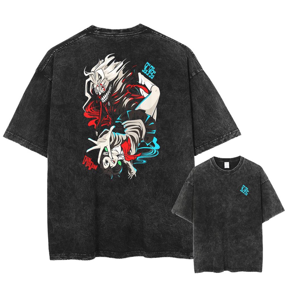Anime Dandadan Okarun Ken Takakura Print Washed Tshirt Men Manga Vintage T-shirts Oversized Cotton T Shirt Harajuku Male Tops